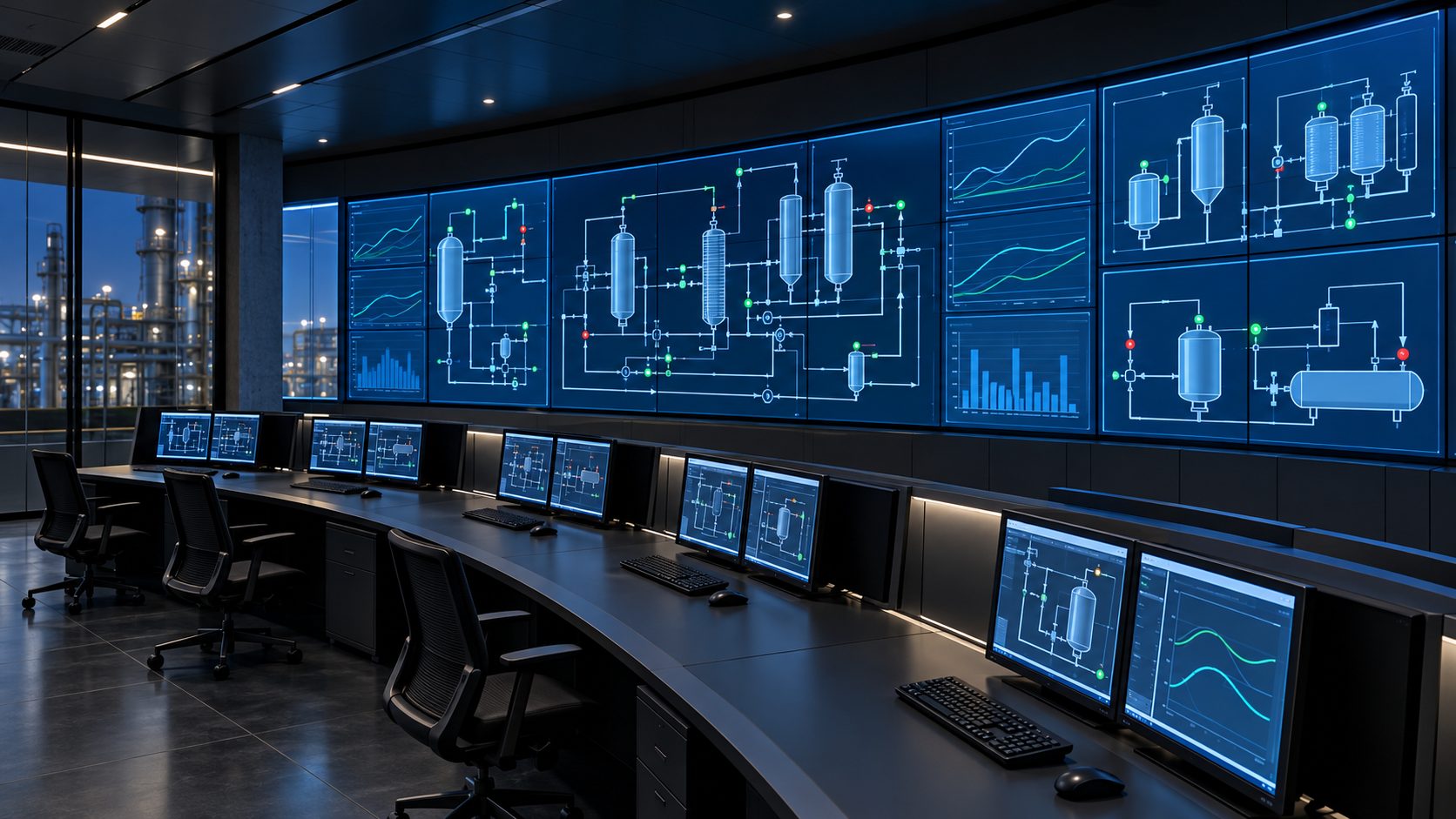 Industrielle Leitwarte mit großer Monitorwand und Bedienpulten