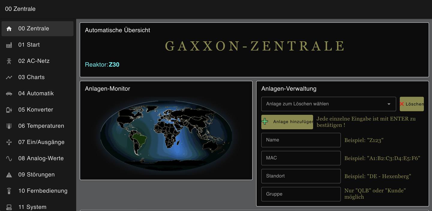 Screenshot der Gaxxon-Zentrale